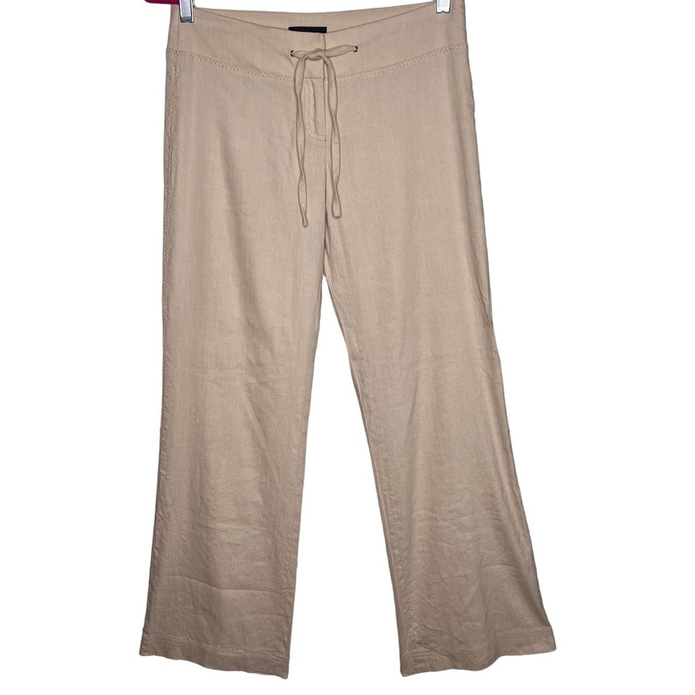 Y2K Bebe Ivory Wide Leg Linen Blend Slacks Size 2 Gold Stitching Salvedge Edge